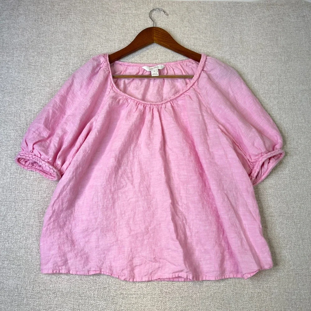 Lilly Pulitzer Pink 100% Linen Puff Sleeve Braided Trim Blouse Top Medium